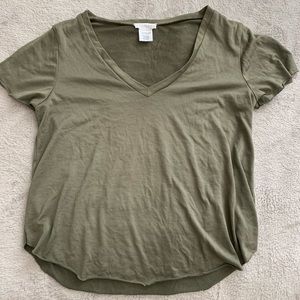 Green v-neck shirt